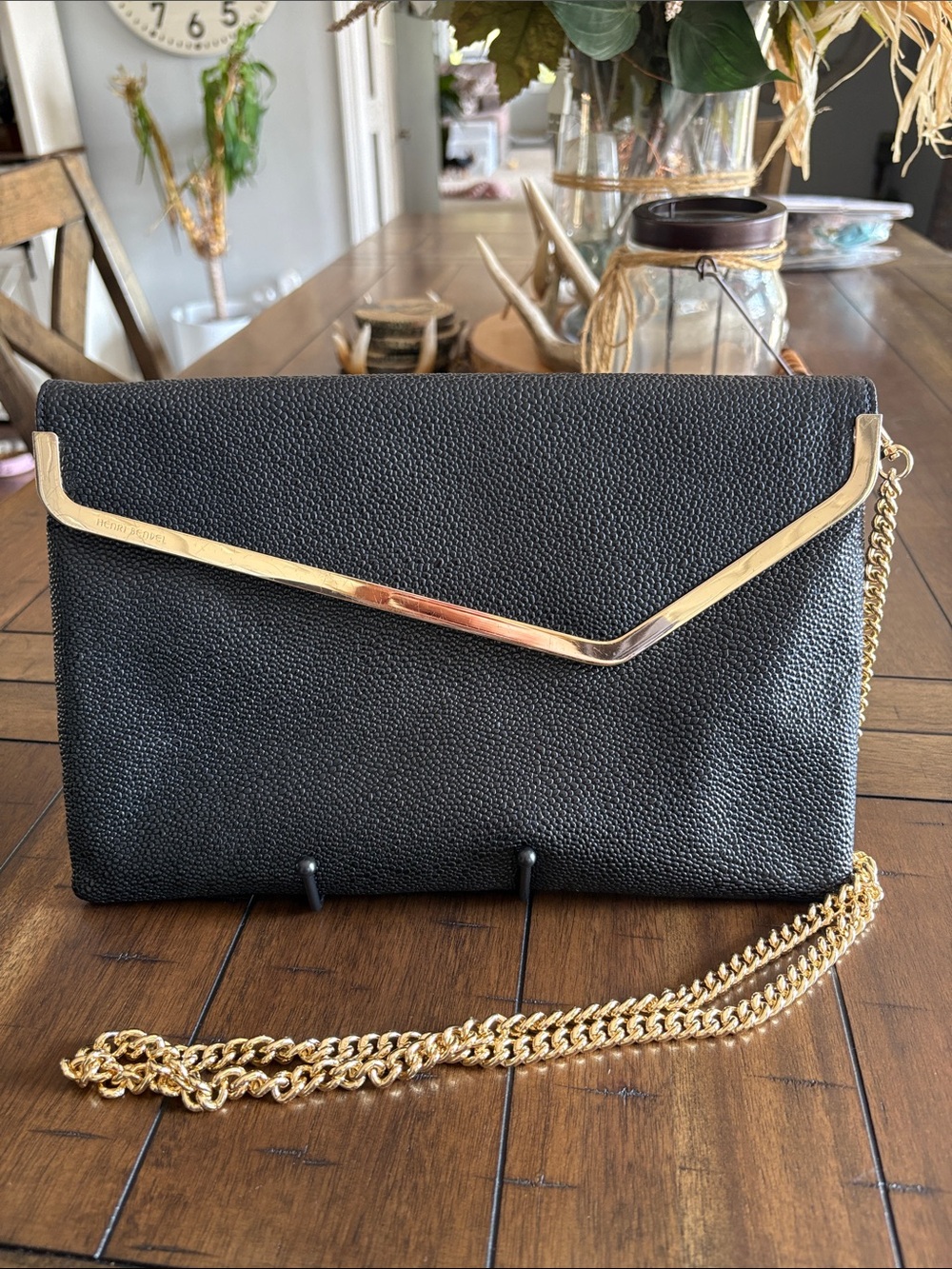 henri bendel Black Leather Pebbled Envelope Clutch with Gold Chain